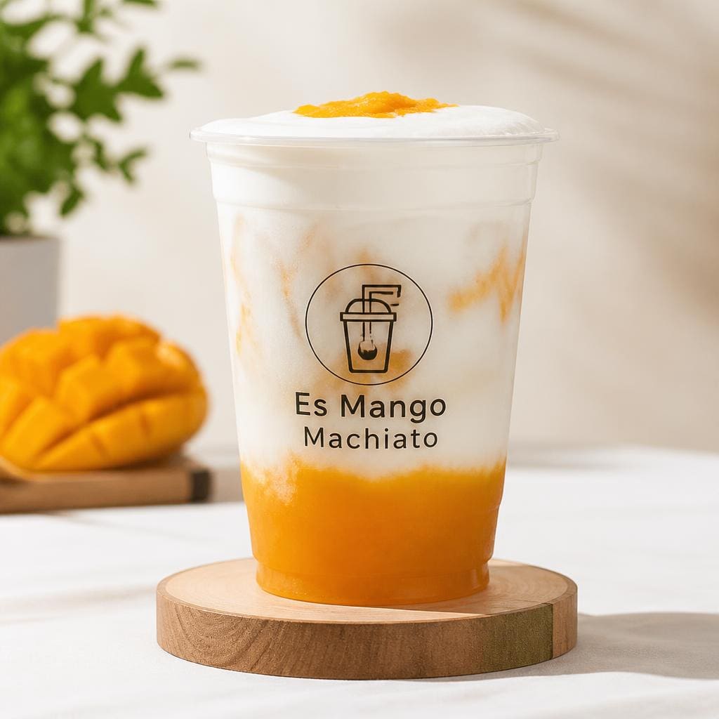 Es Mango Machiato Kopi Ruang Hati dengan sirup mangga machiato susu dan sirup gula